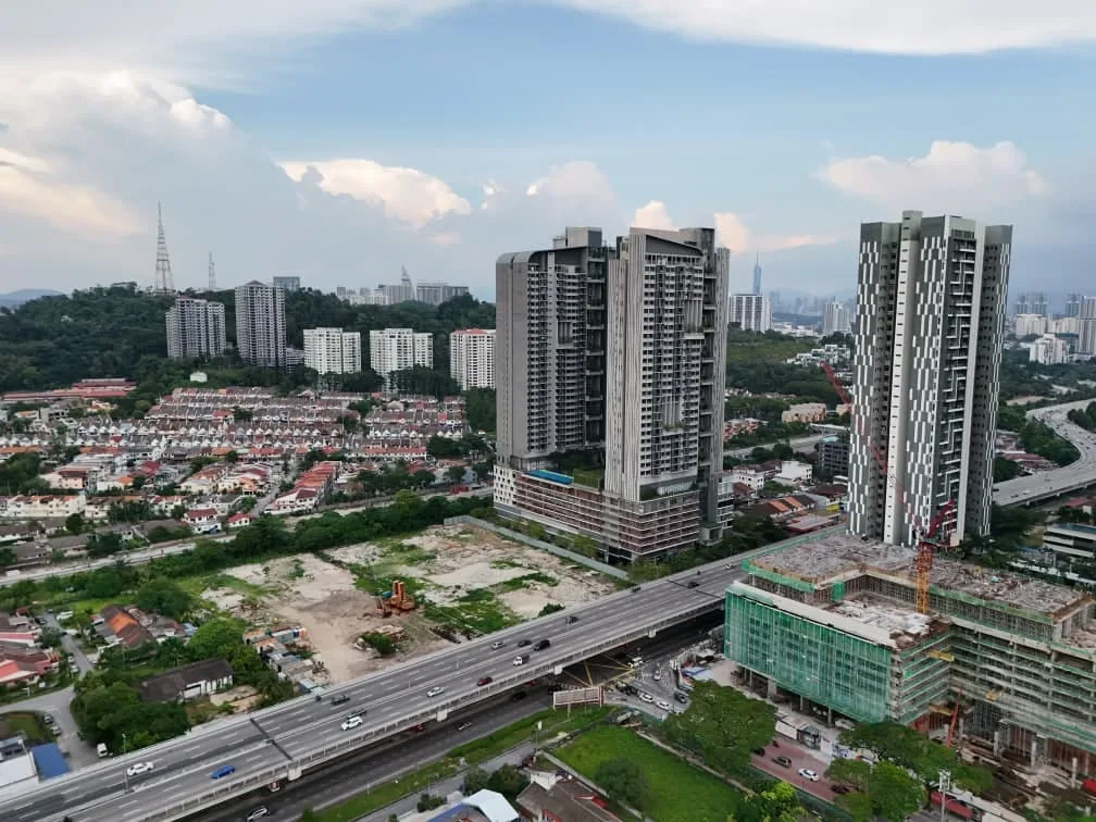 Aerial view of Old Klang Road with the Kuala Lumpur city skyline near M Aurora