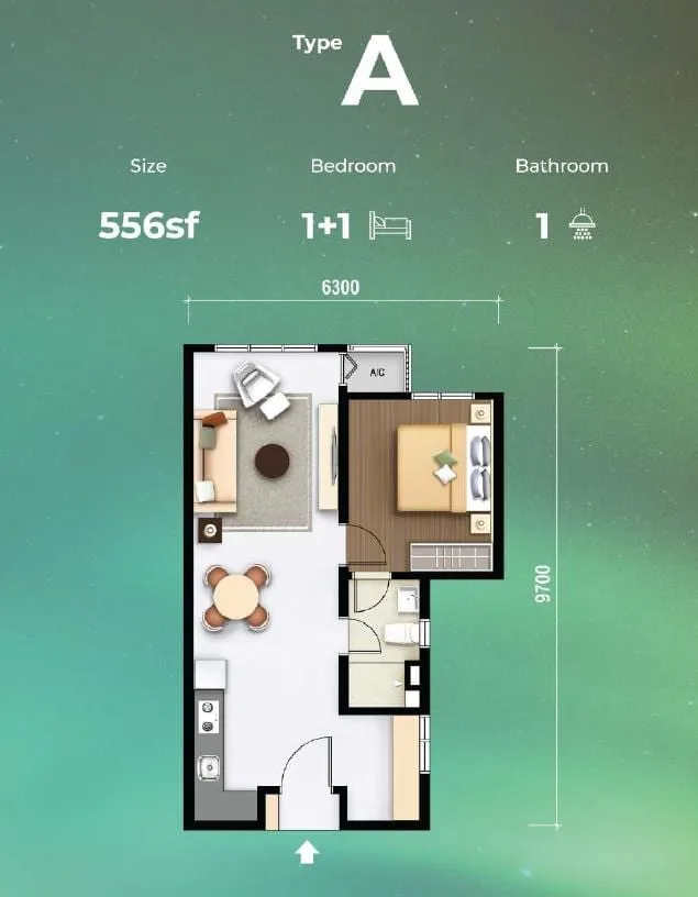Type A floor plan, 556 sq ft, 1+1 bedroom, M Aurora