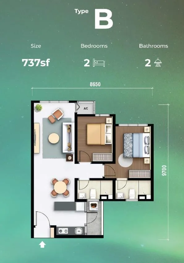 Type B floor plan, 737 sq ft, 2 bedroom, M Aurora