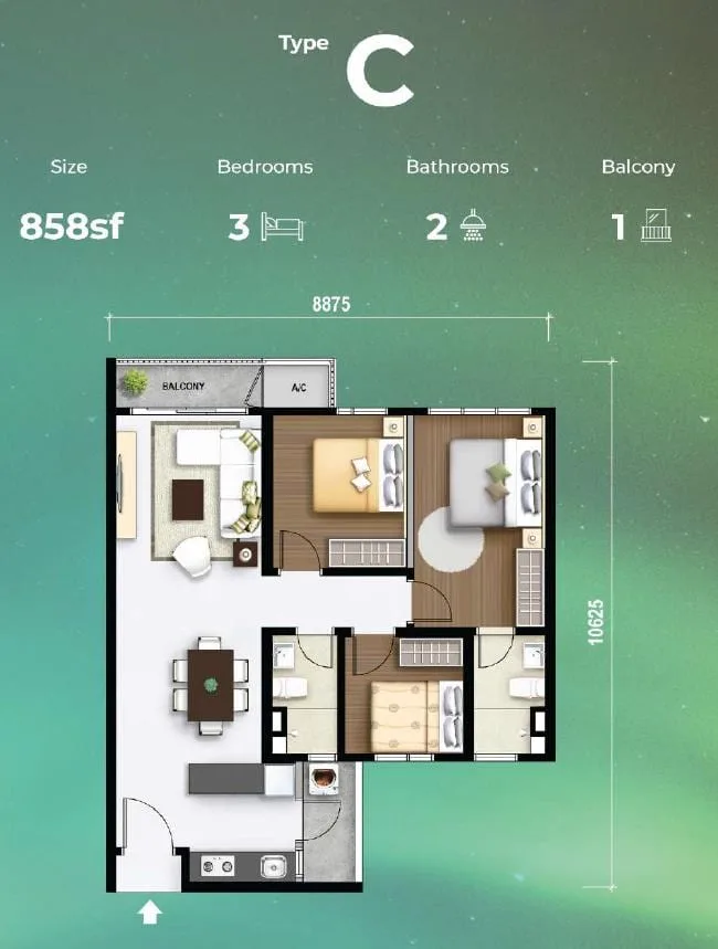 Type C floor plan, 858 sq ft, 3 bedroom with balcony, M Aurora