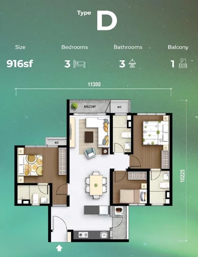 Type D floor plan, 916 sq ft, 3 bedroom with balcony, M Aurora