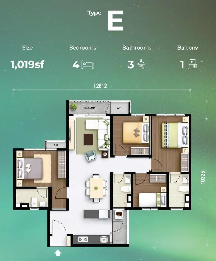 Type E floor plan, 1019 sq ft, 4 bedroom with balcony, M Aurora
