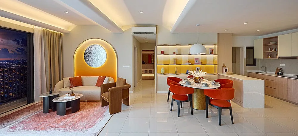 Type C show unit open-plan living room, 858 sq ft, M Aurora