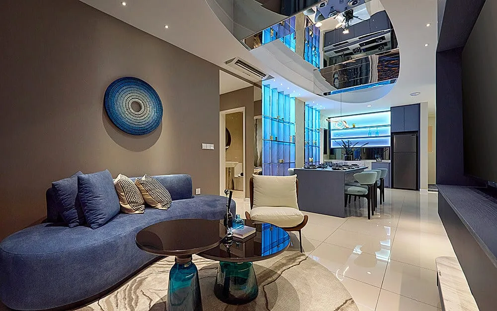 Type E show unit living room, 1019 sq ft, M Aurora